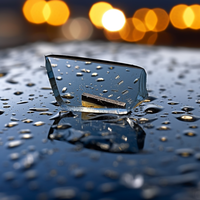 Close-up of a wet squeegee tool resting on a glossy dark surface with rain droplets and blurred bokeh lights behind