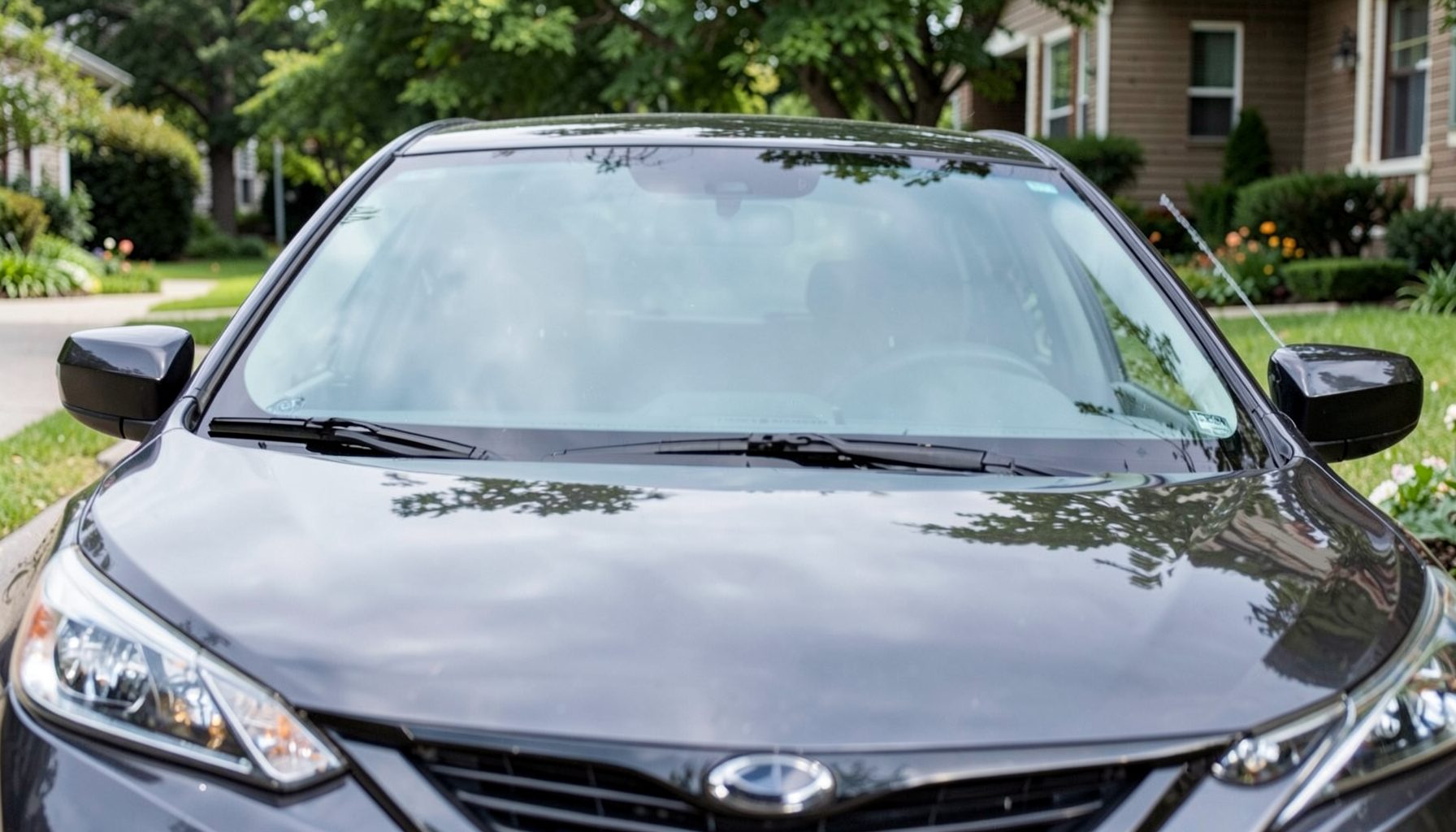 A Toyota sedan in a residential setting, its windshield clean and clear with subtle reflections of surrounding greenery