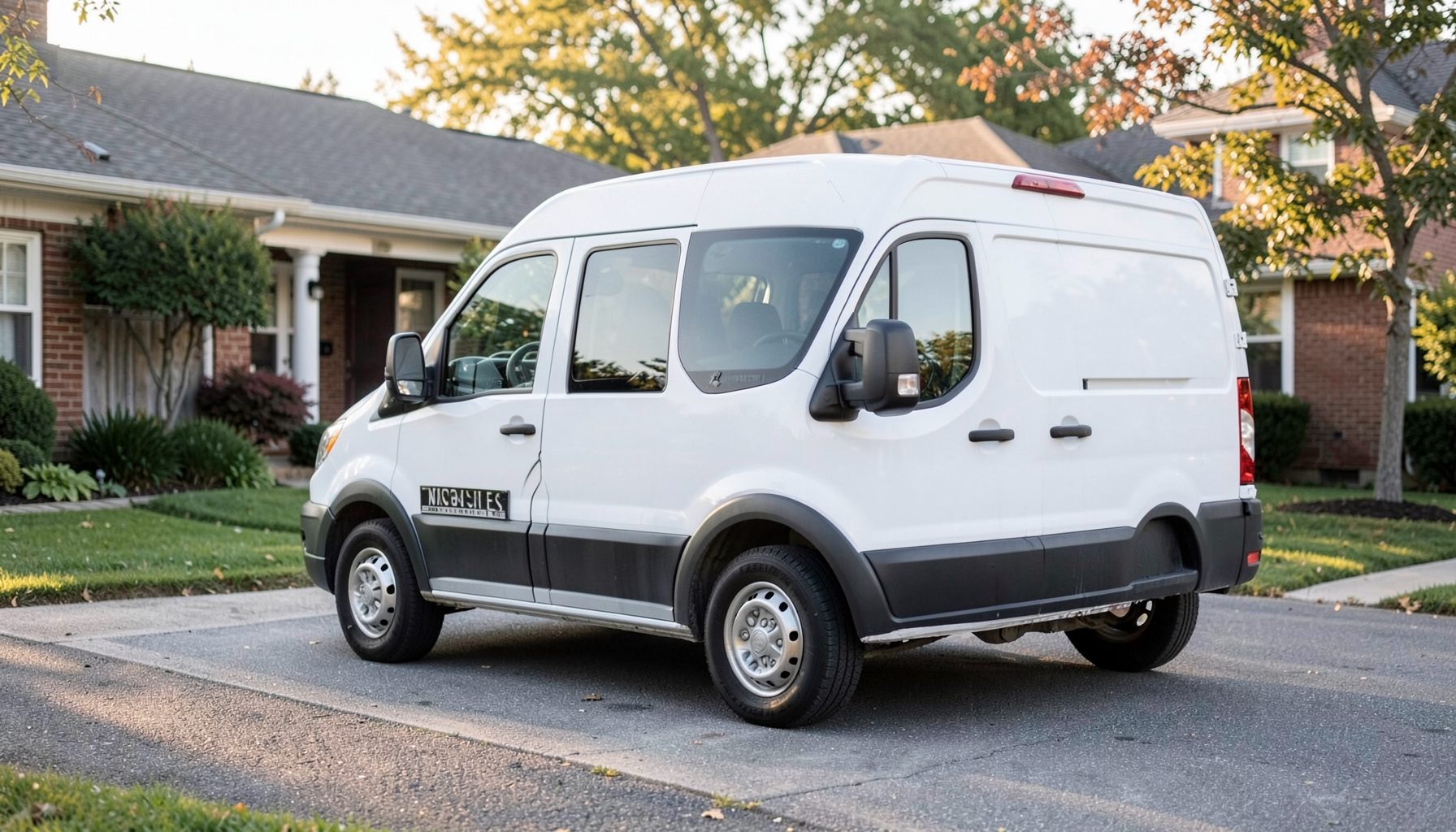 Mobile service van parked in a suburban driveway, soft morning light, clean and professional appearance