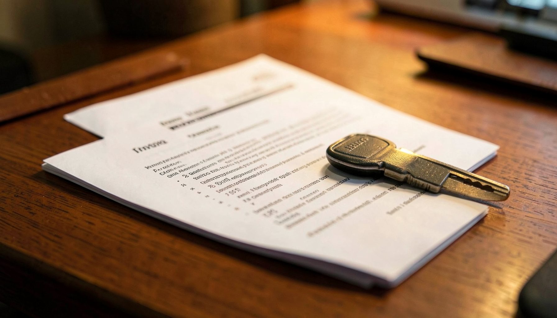 Insurance document and car key on a desk, warm indoor lighting, professional atmosphere