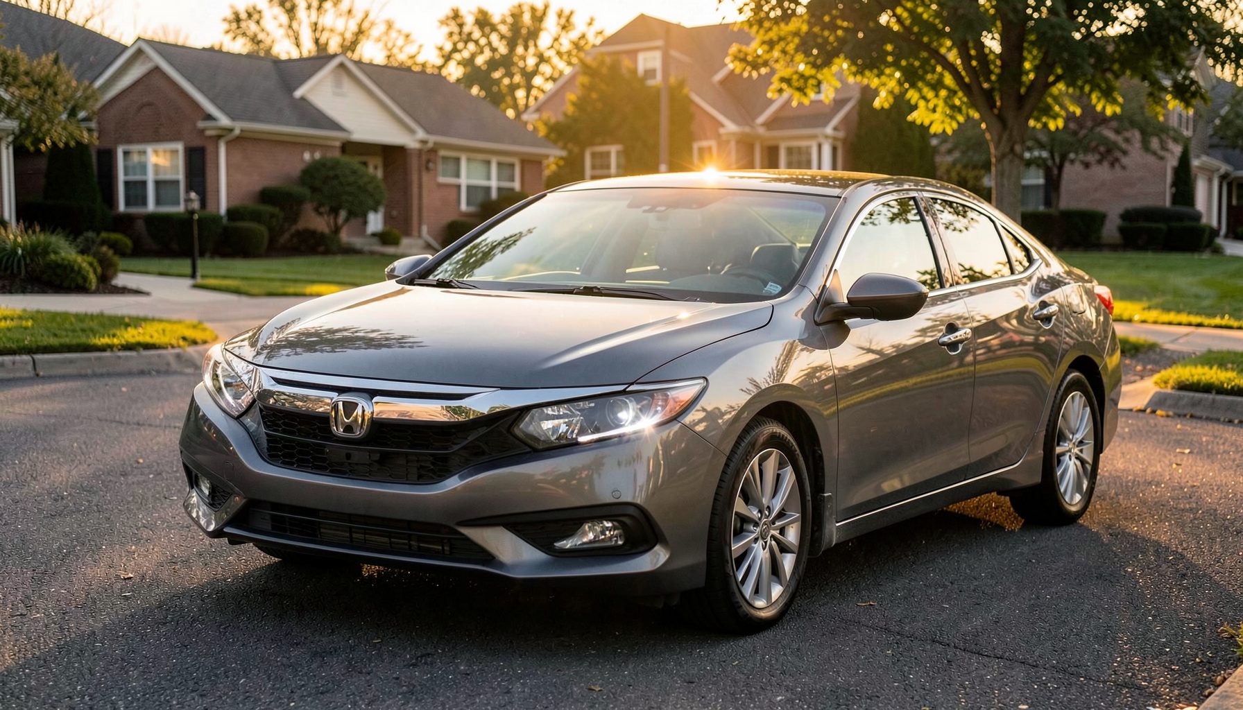 A Honda sedan parked on a suburban street, its windshield catching the warm glow of late-afternoon sunlight