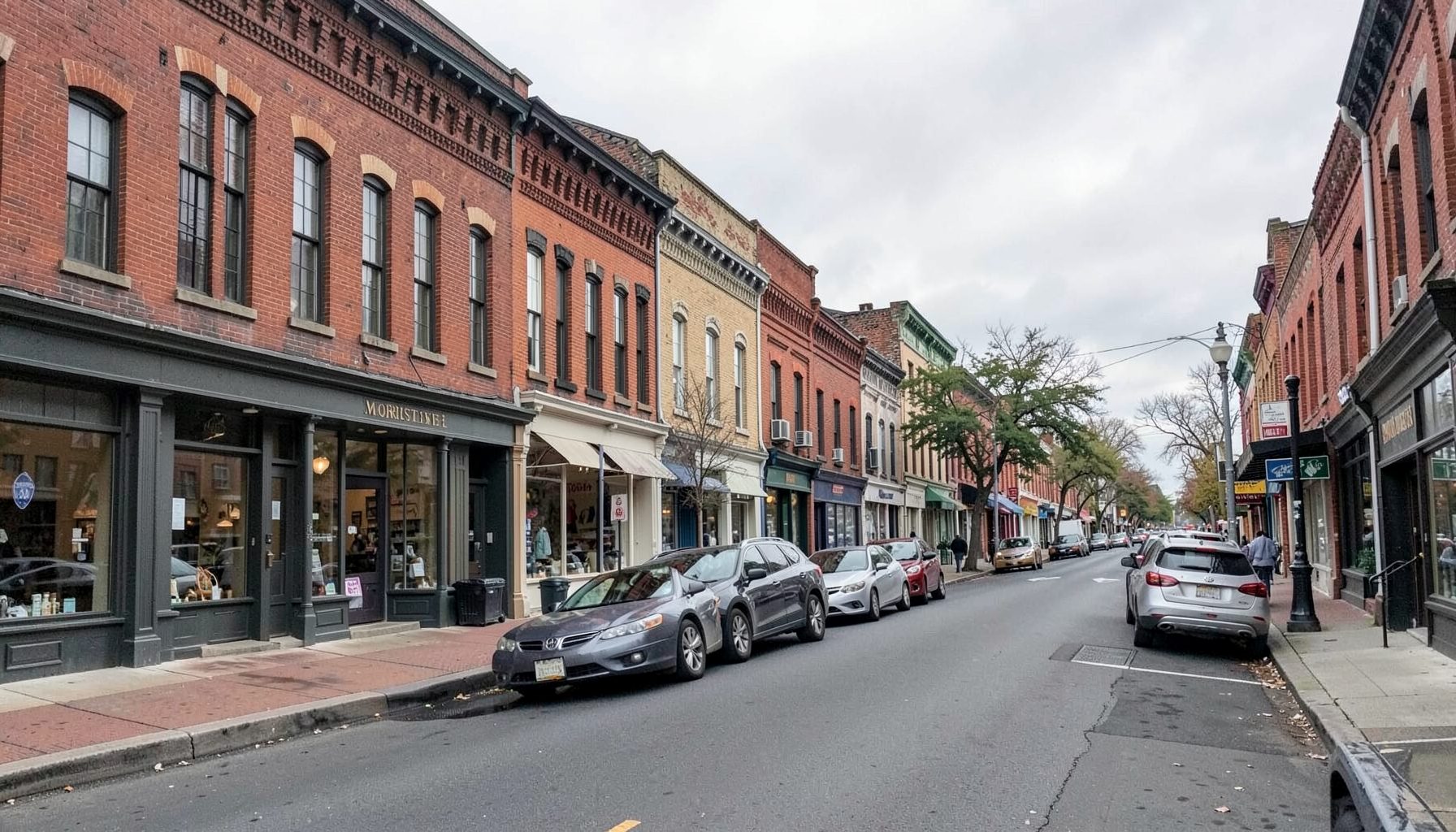 A historic downtown street in Morristown, New Jersey with storefronts and parked cars under overcast skies
