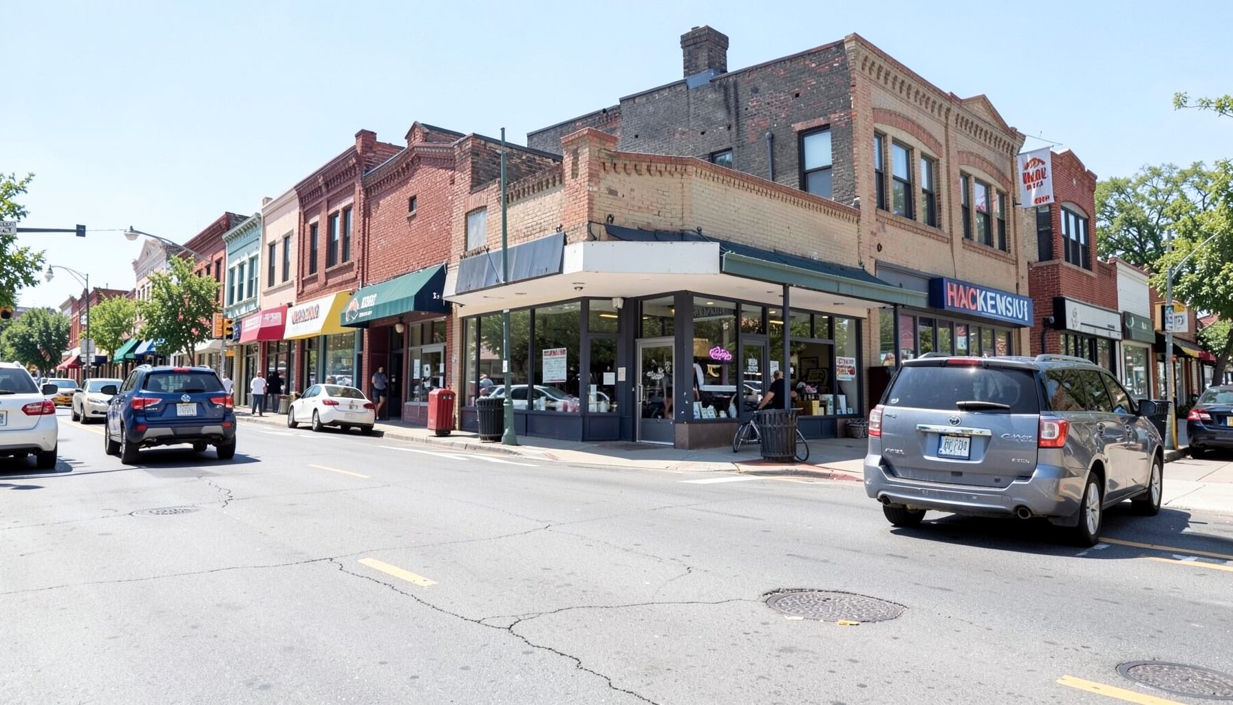 A commercial street in Hackensack, New Jersey with vehicles and storefronts under bright midday light