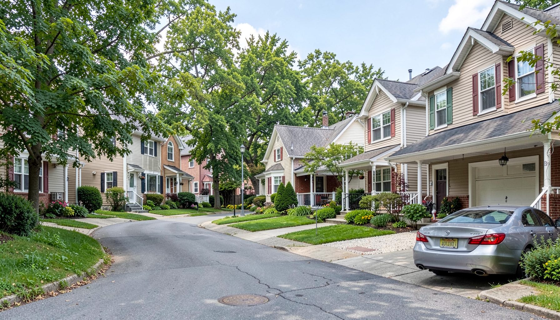 A peaceful residential street in Allendale, New Jersey with well-kept homes and a car in a driveway