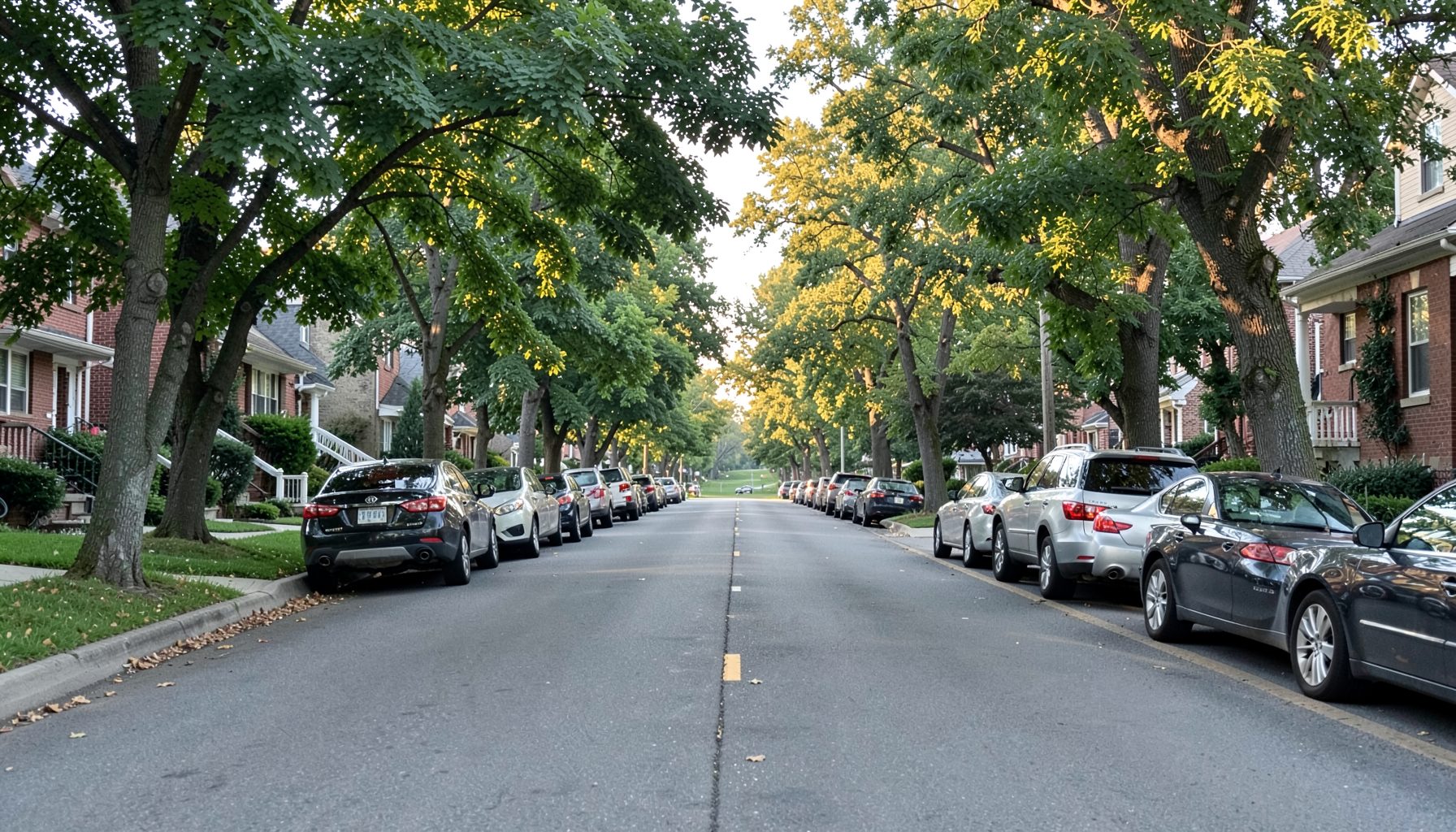 A quiet suburban New Jersey street lined with trees and parked cars under soft morning light