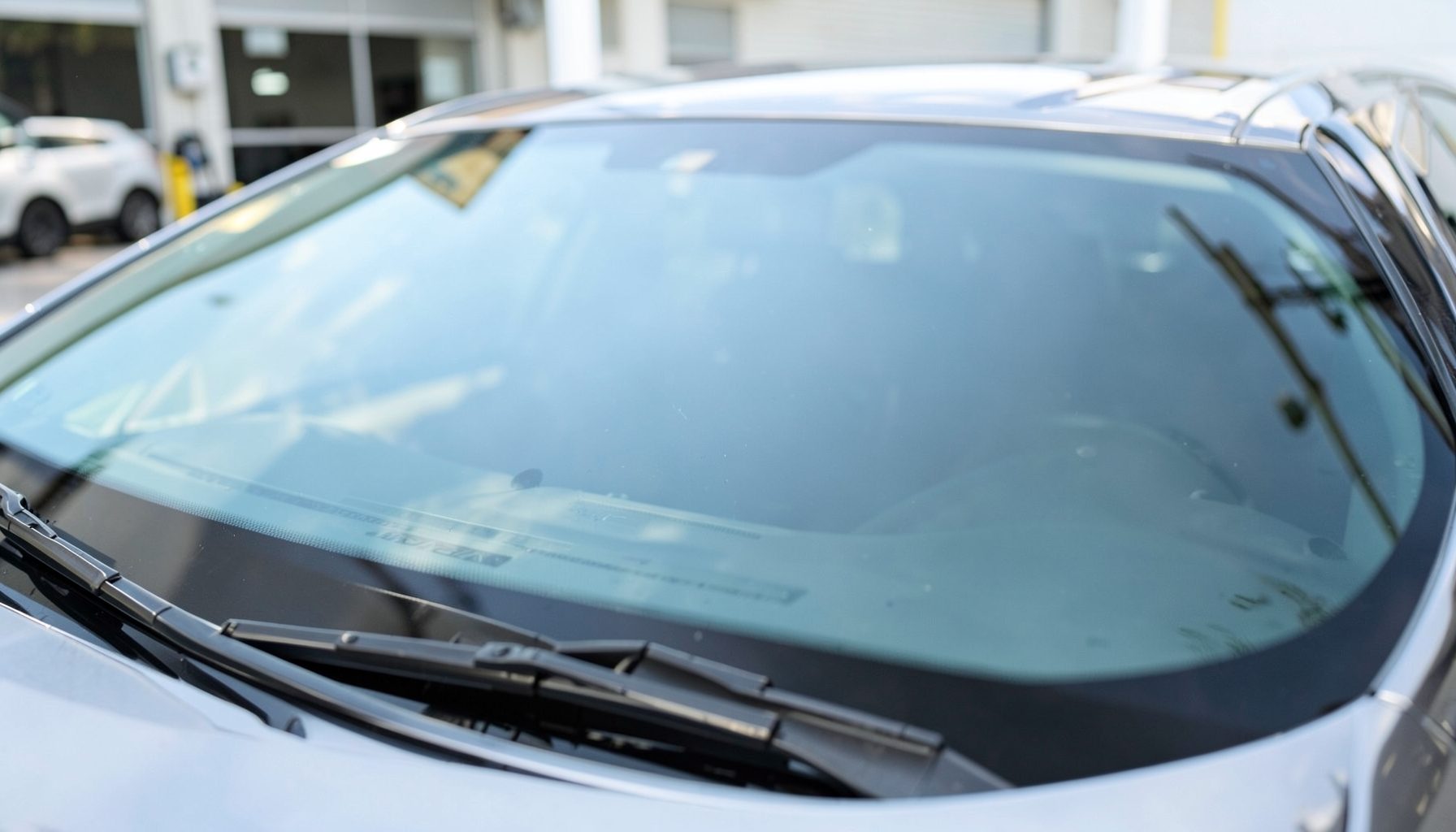 Clean car windshield with subtle reflections, bright daylight, professional automotive setting