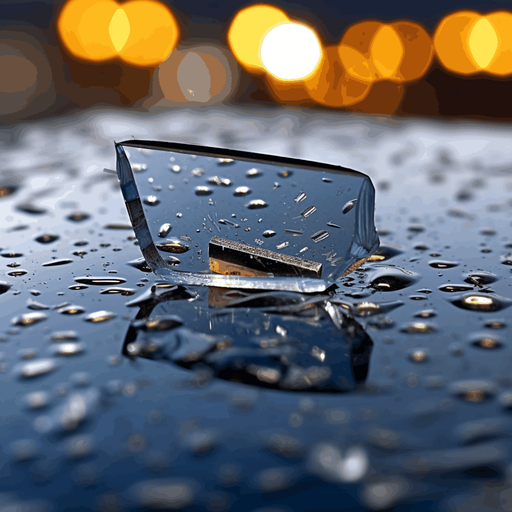Close-up of a wet squeegee blade on a dark car surface with water droplets and blurred warm lights in background