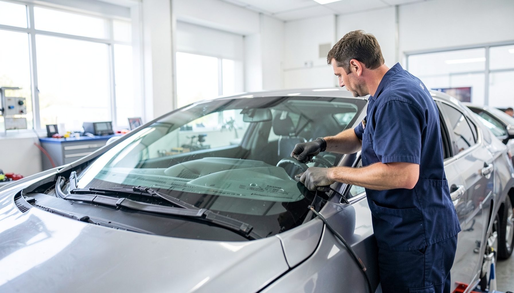 Car windshield being replaced by a technician in a workshop, bright natural light, clean professional setting