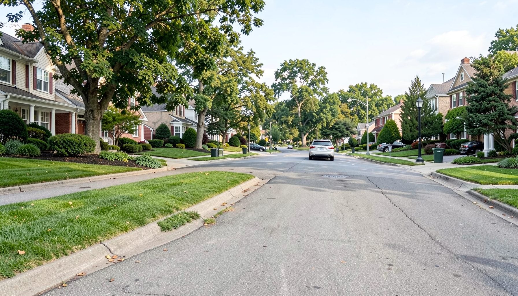 An upscale suburban street in Short Hills, New Jersey with manicured lawns and a luxury vehicle in the distance