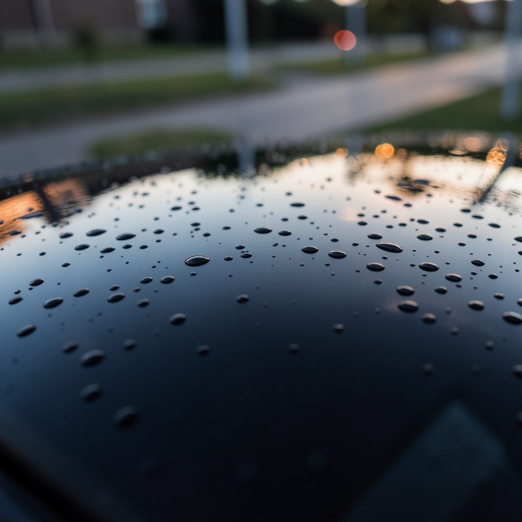 Glossy dark car roof reflecting soft evening light with water beads after a fresh wash