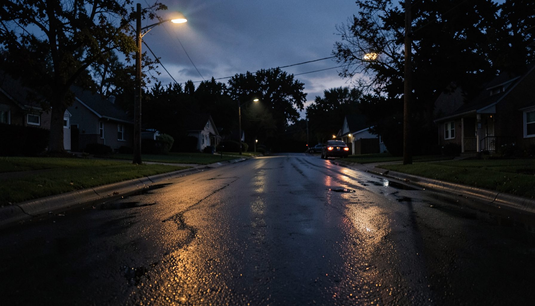 A dark suburban street at dusk with soft streetlight reflections on wet asphalt and a parked car in the distance